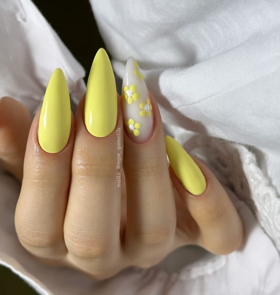 Lemon Yellow Almond Nails With 3D Daisy Accents Perfect for Spring and Summer