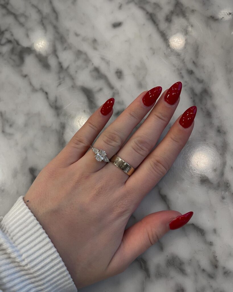 Long Almond Cherry Red Nail Ideas with High-Shine Glamorous Tips