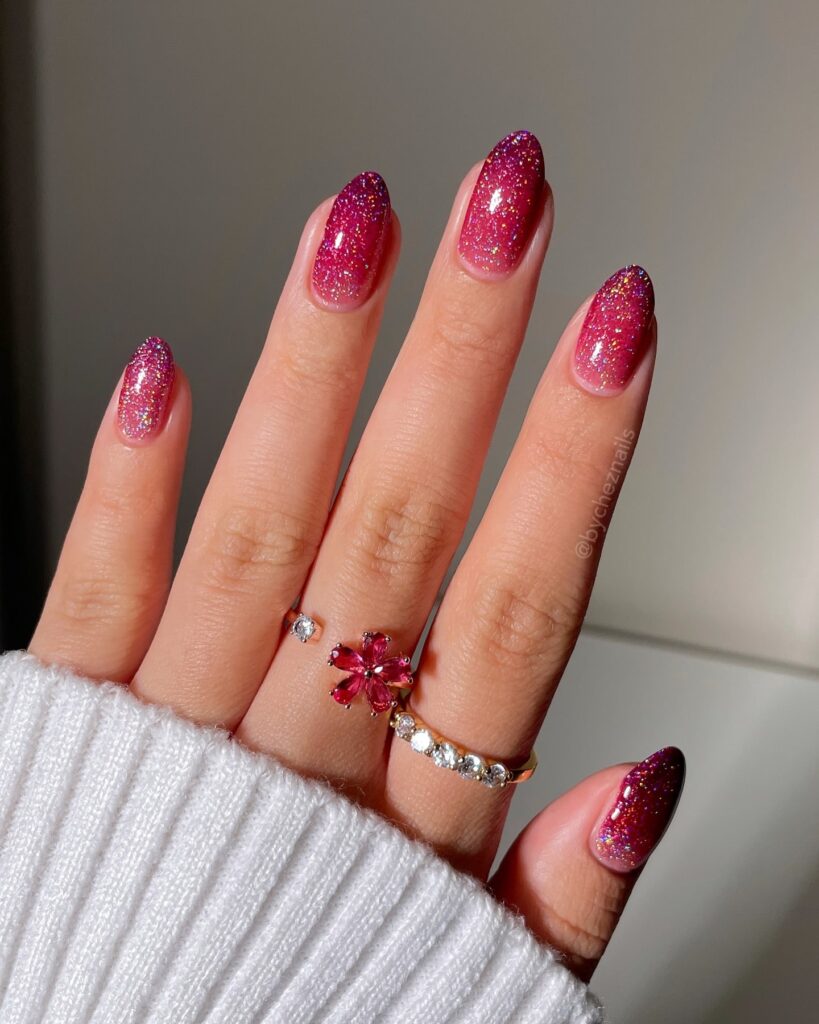 Magenta Glitter Ombre Short Almond Nails for Glamorous Party Vibes