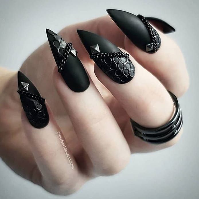 Matte and Glossy Black Stiletto Nails with Chains and Stud Embellishments