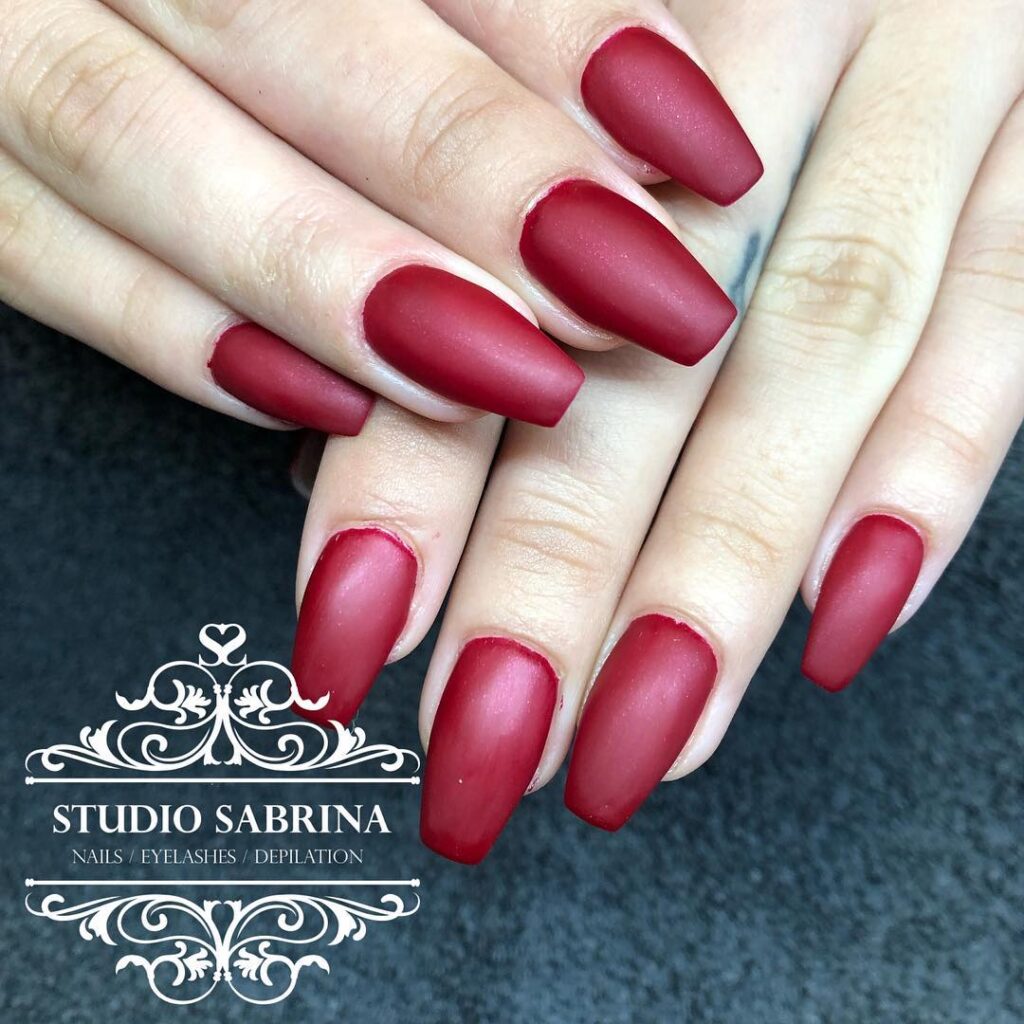 Matte Coffin Red Nails for a Bold, Minimalist Statement