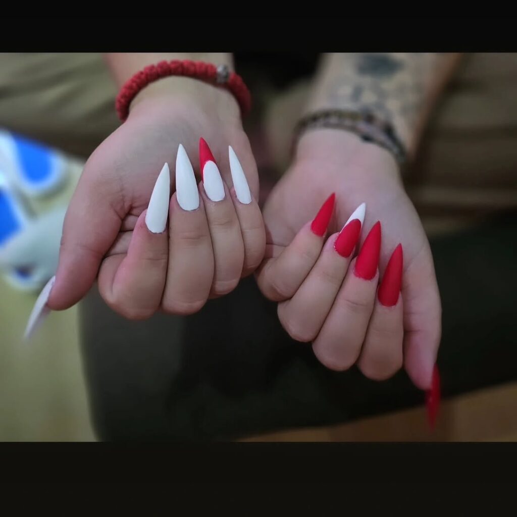 Matte Red and White Stiletto Nails for a Modern, Edgy Look