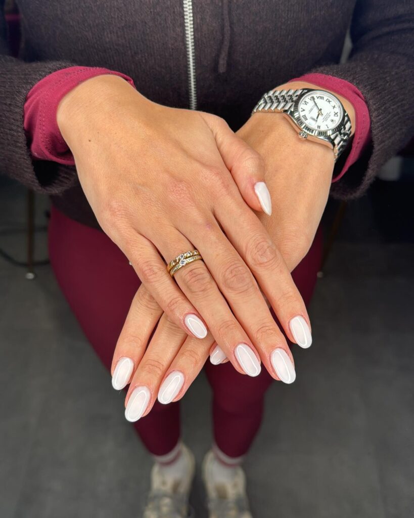 Milky White Jelly Nails with Gloss for a Sleek Office Statement
