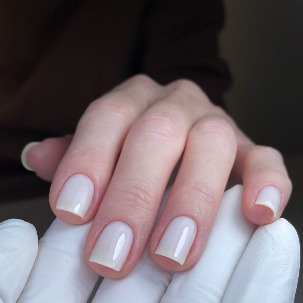 Milky white square nails with a glossy finish for clean minimalist nail ideas