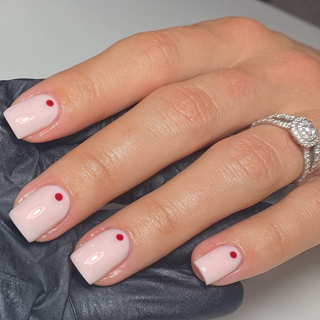 Minimalist Short Square Nail Ideas with Sheer Pink and Red Dot Details