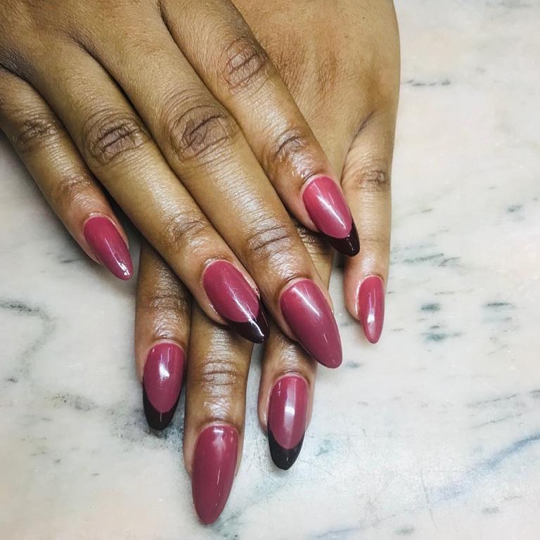 Modern French Tip Almond Nails in Rose Pink and Maroon
