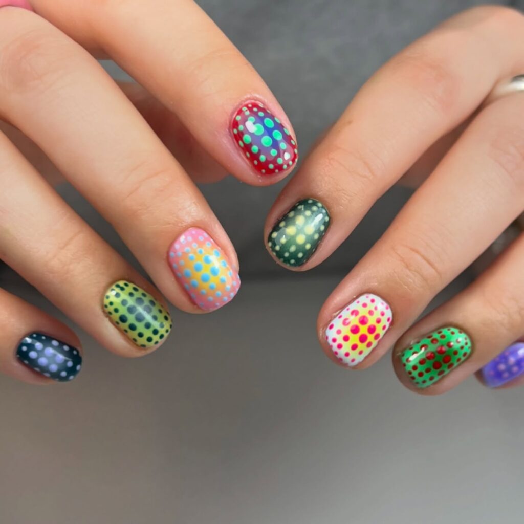 Multicolored Polka Dot Nail Art on Short Nails for a Fun, Retro Summer Vibe