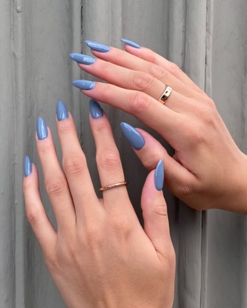 Muted Periwinkle Almond Nails for a Subtle Pop of Office Color