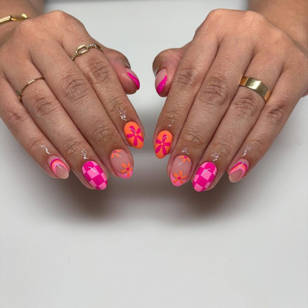 Neon Retro Florals and Checkered Patterns on Almond Nails for a Funky Summer Twist