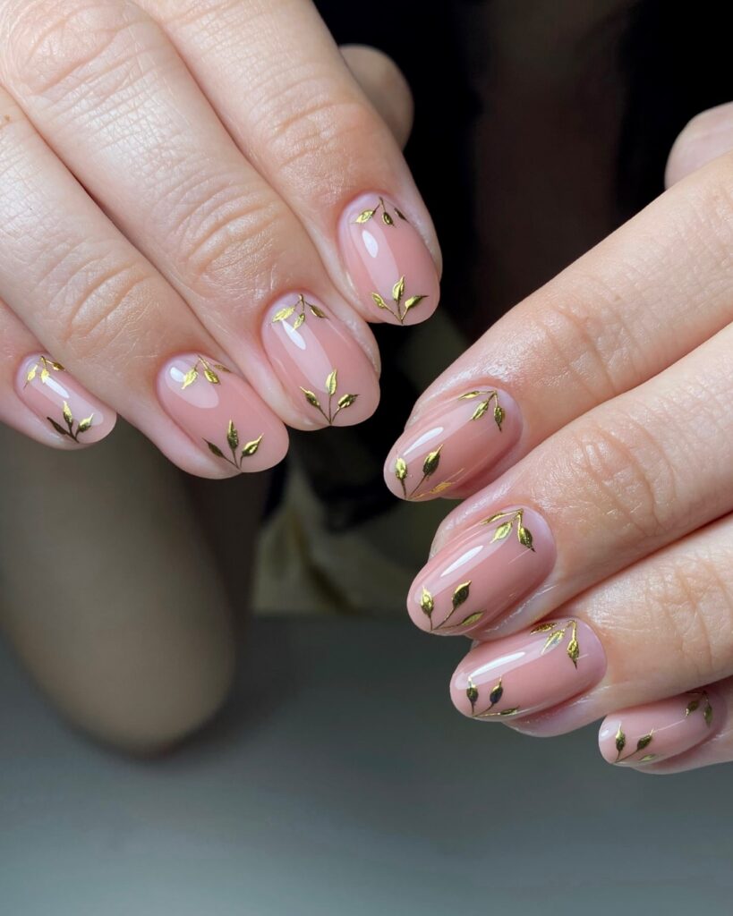 Nude Pink Short Nails with Gold Leaf Branches for Elegant Summer Minimalism