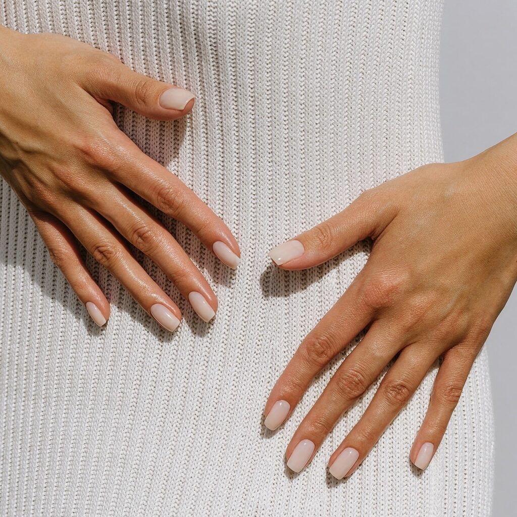 Nude pink squoval nails with sheer white gloss for timeless everyday nail ideas