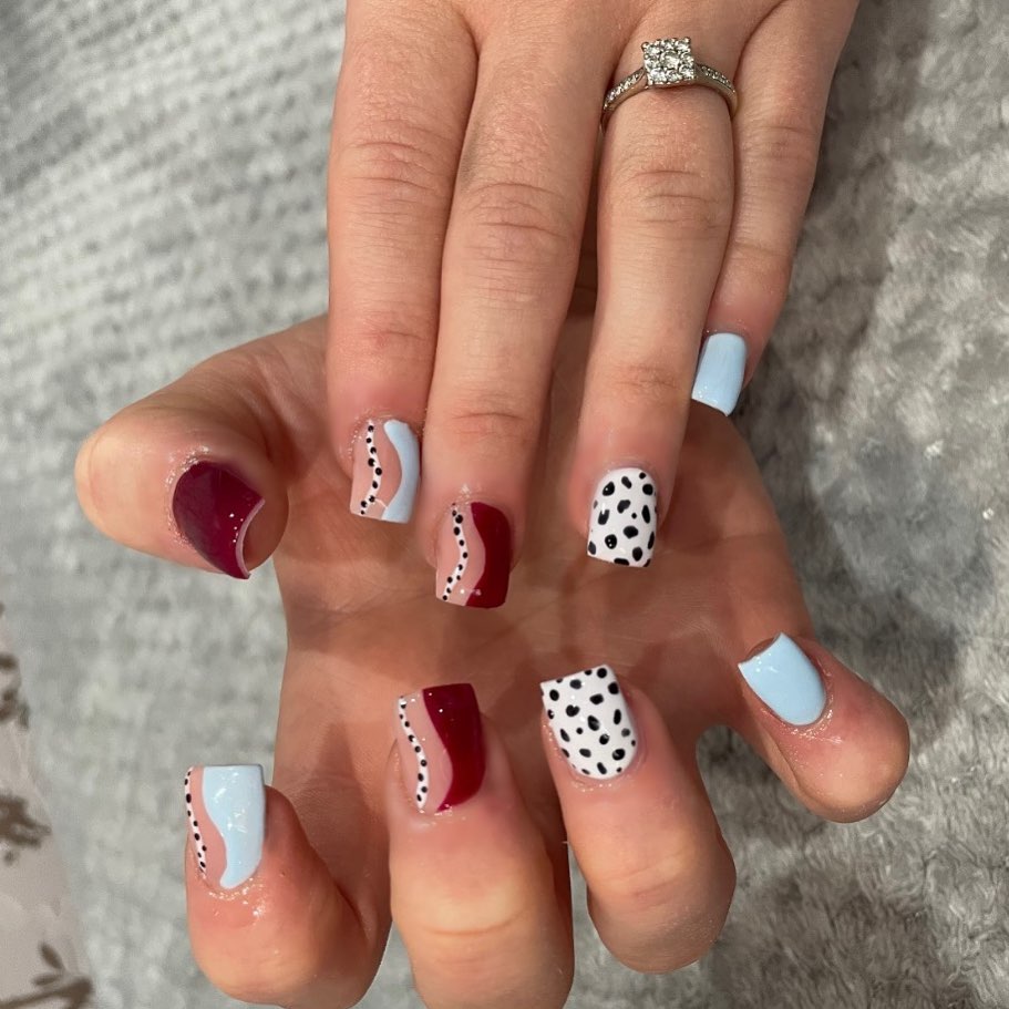 Pastel and Maroon Abstract Square Nails with Dalmatian Prints for Graduation