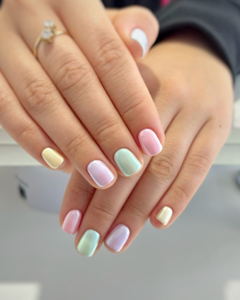 Pastel rainbow nails with glossy iridescent finish cheerful spring nail ideas for short nails