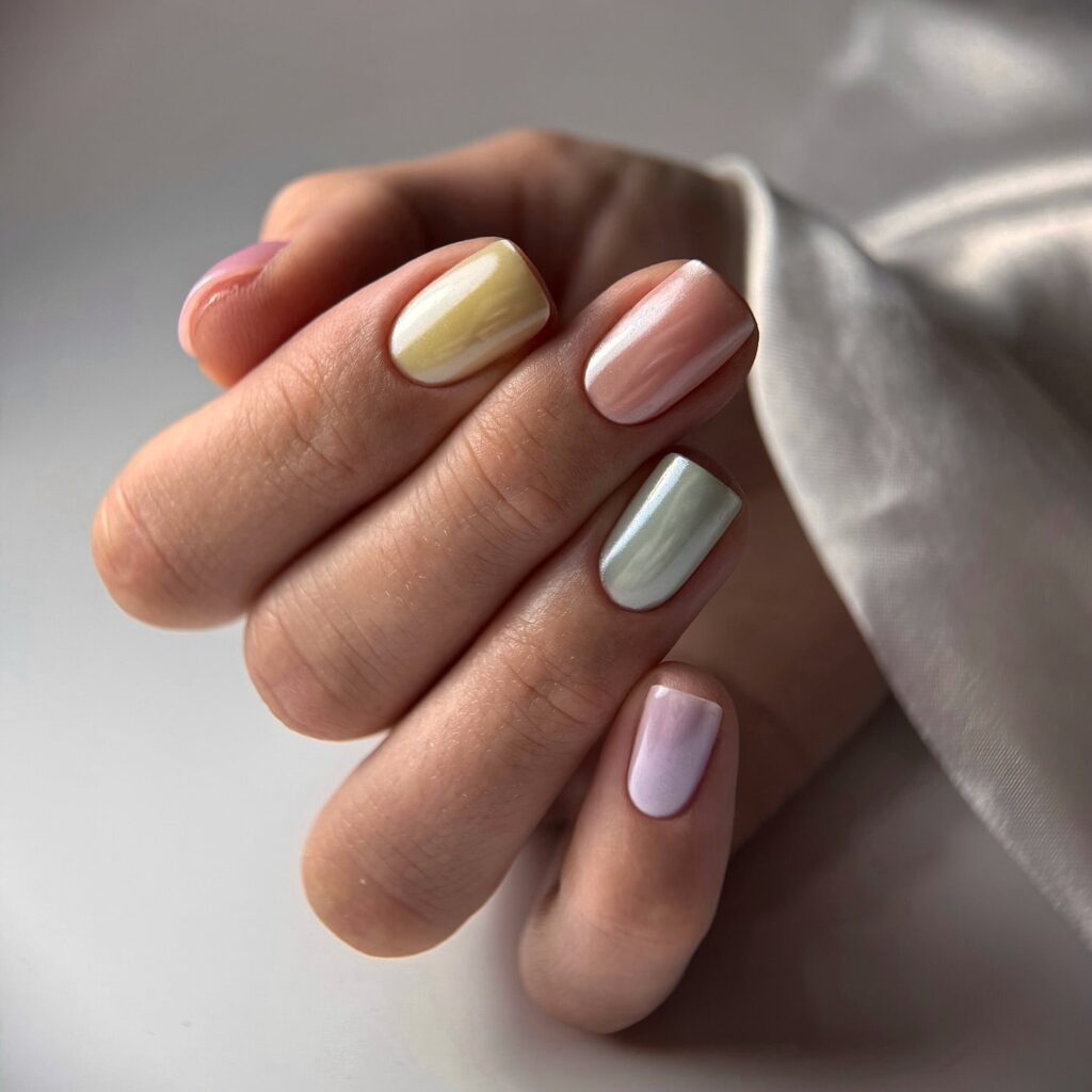 Pastel Rainbow Shimmer Nails with Rounded Square Tips for Spring Elegance