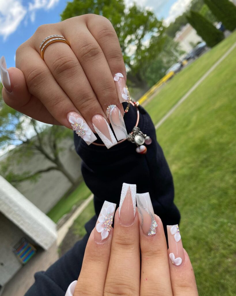Romantic Square Graduation Nails with White Tips, 3D Flowers, and Silver Glitter Accents