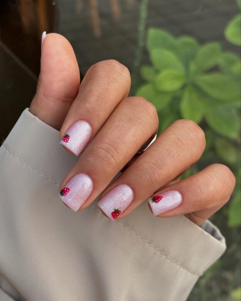 Shimmery pink nails with tiny strawberry art for cute summer nail ideas