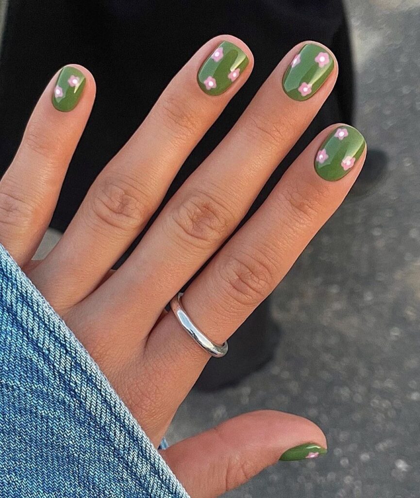 Short sage green nails with pink flower art simple nature inspired nail ideas