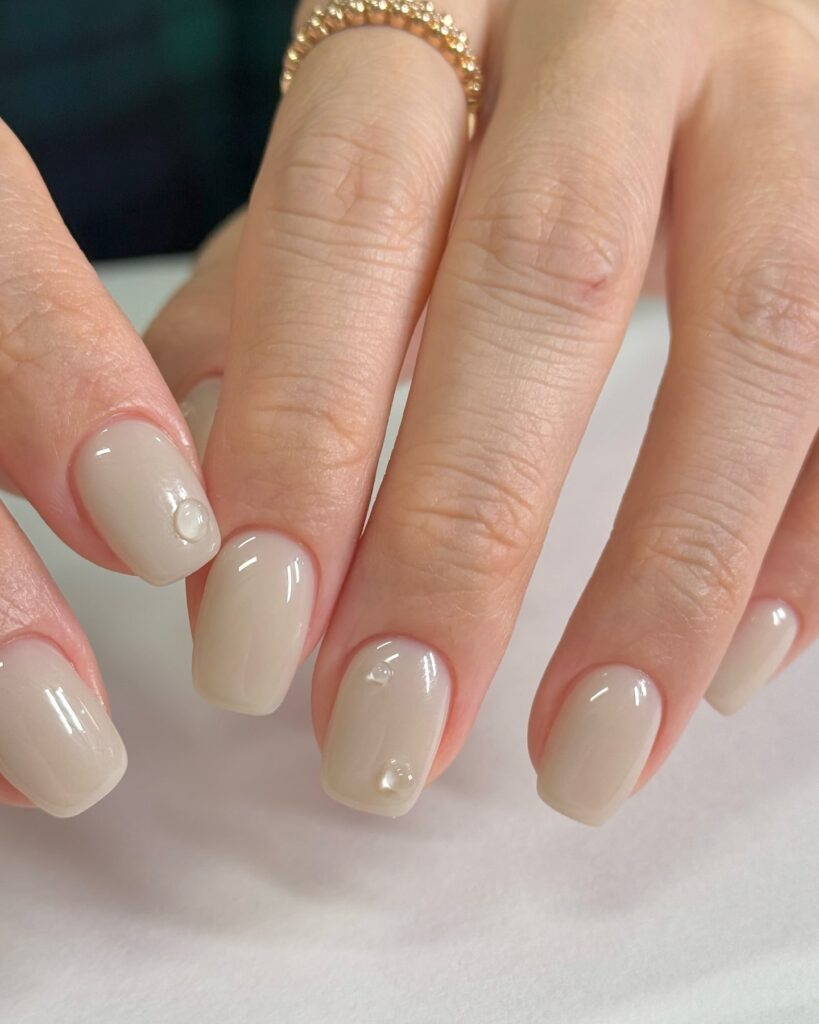 Short Square Nude Nails with Clear Water Droplet Detailing