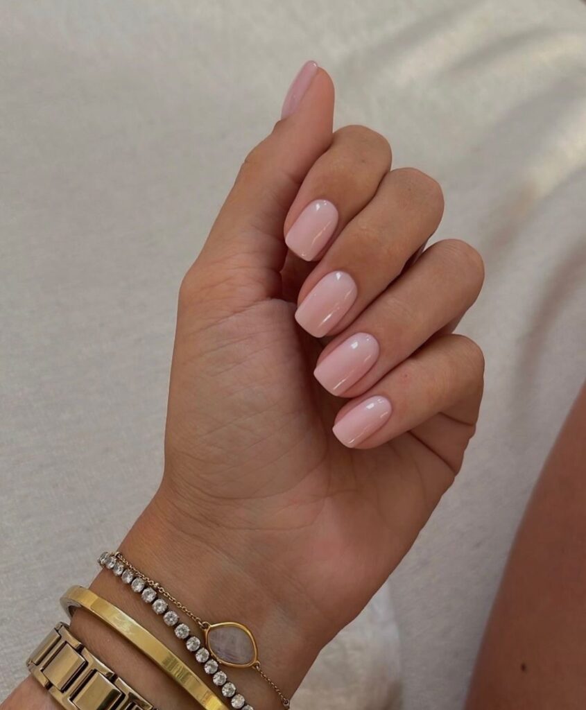Short Squoval Baby Pink Nails for a Clean Office Look
