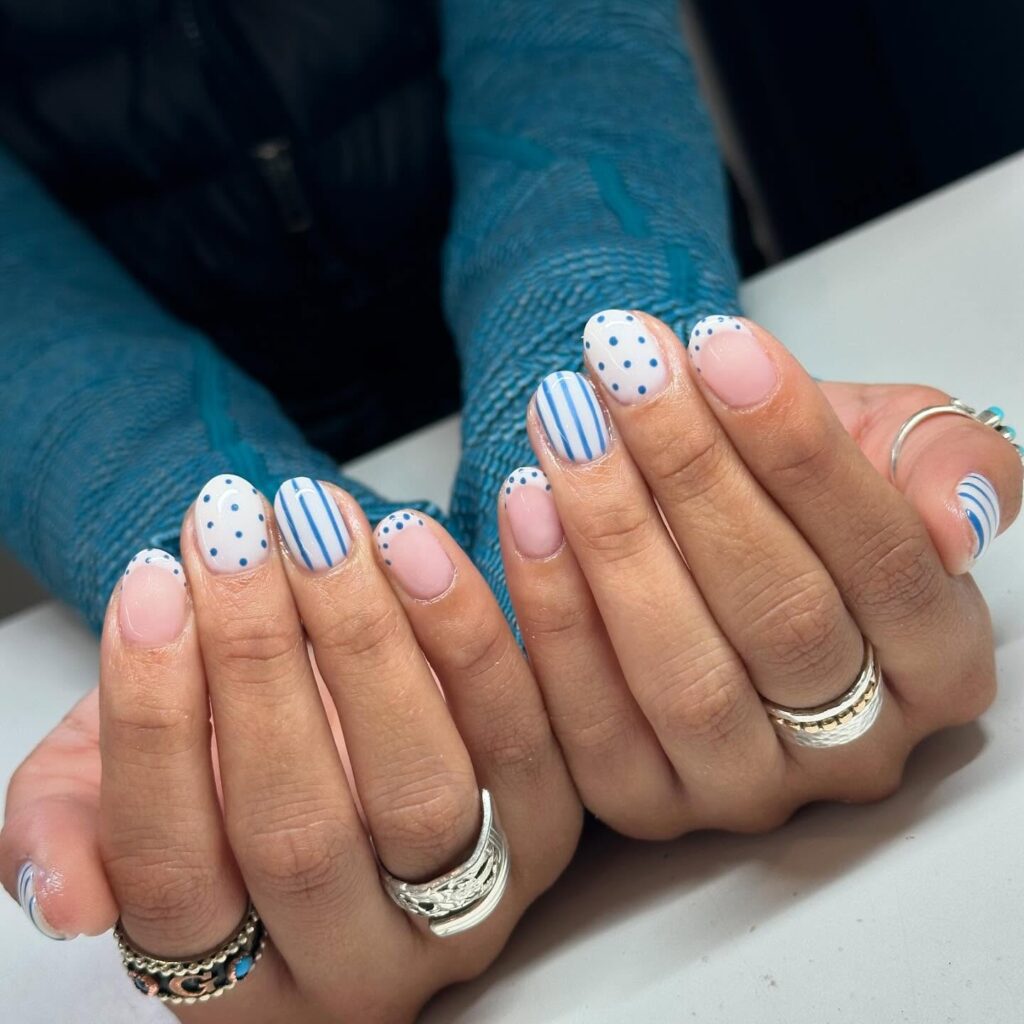 Sky Blue Dots and Stripes on Short Oval Nails for a Nautical Summer Look