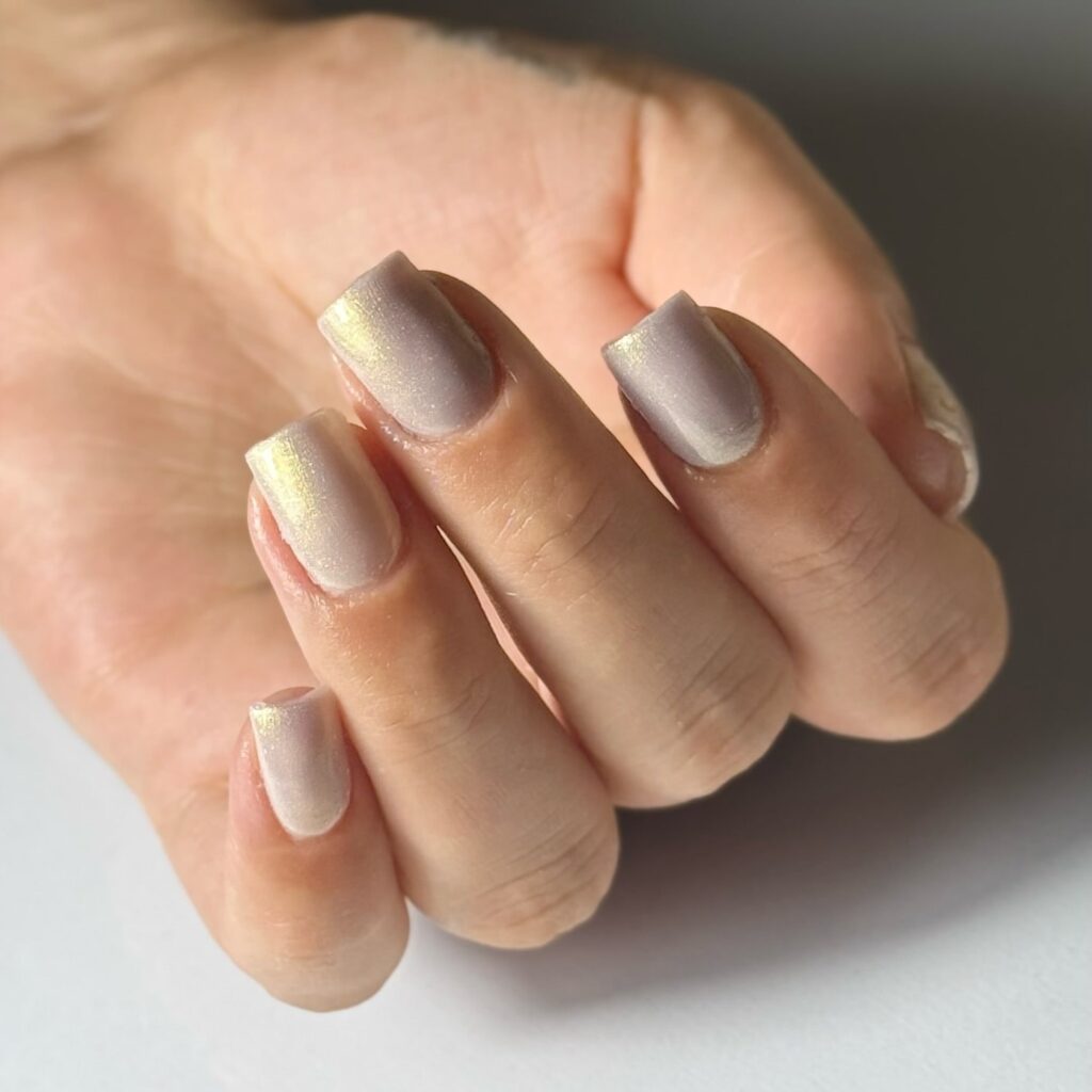 Soft Square Beige White Nails with Golden Iridescent Glow