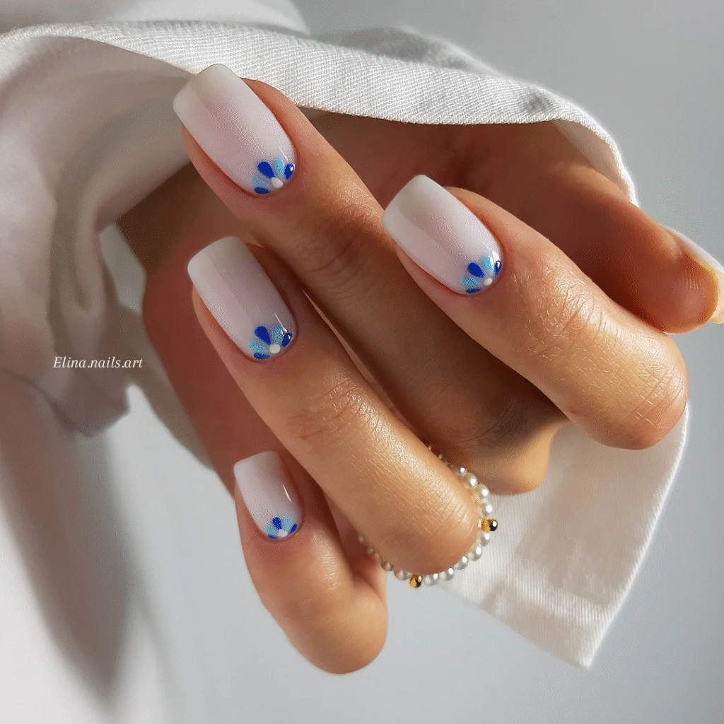 Soft Square Pink and White Nails with Delicate Floral Cuticle Art