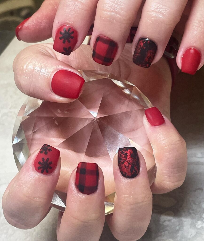 Square Matte Red Nail Ideas Featuring Snowflakes, Plaid, and Marbled Winter Designs