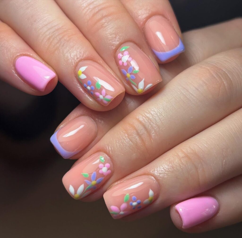 Square Nails with Bubblegum Pink and Floral French Tips for a Colorful Spring Look
