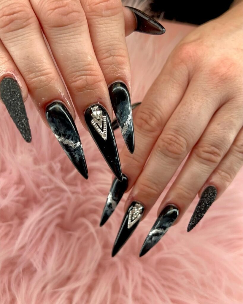 Stiletto Black Marble Graduation Nail Ideas with Rhinestones and Matte Accents