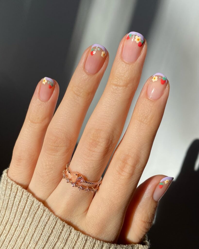 Strawberry and Daisy French Tips on Short Nails for Whimsical Springtime Charm